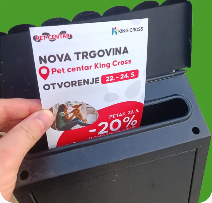 A shop flyer placed in the mailbox of a residential building
